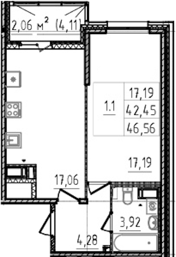 1-комнатная квартира 42.45 м², 13/14 эт., ЖК «Чёрная речка»